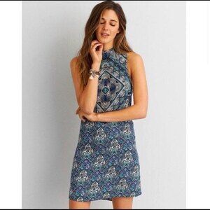 American Eagle Boho Open Back Dress Blue Paisley Mini Sleeveless Womens Size Med